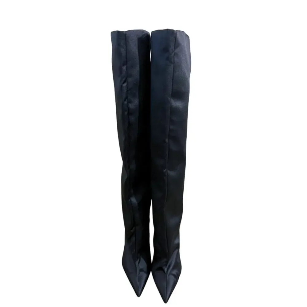 Good American Black Satin Over the Knee Slouchy Stiletto Boots Sz 5.5 Pointy Toe